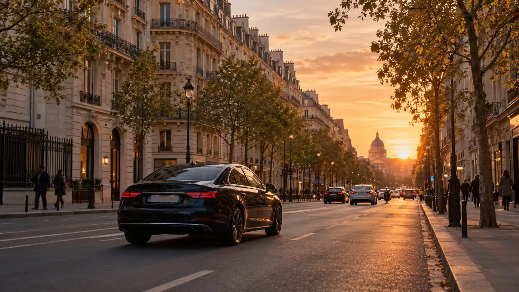 Voitures circulant sur une avenue parisienne au coucher du soleil